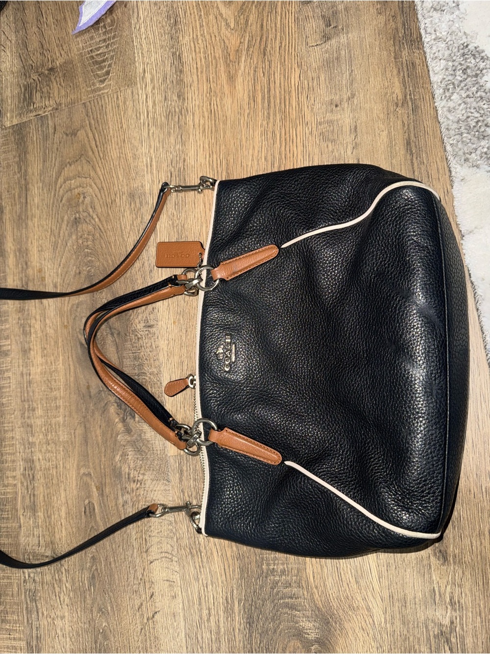 Coach Black Leather Shoulder Bag with Tan Accents and Cream Piping